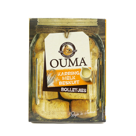 Package of Ouma Buttermilk Rusks 500g from Biltong Direct, showing the product in a clear plastic container with a white and brown label at the top.