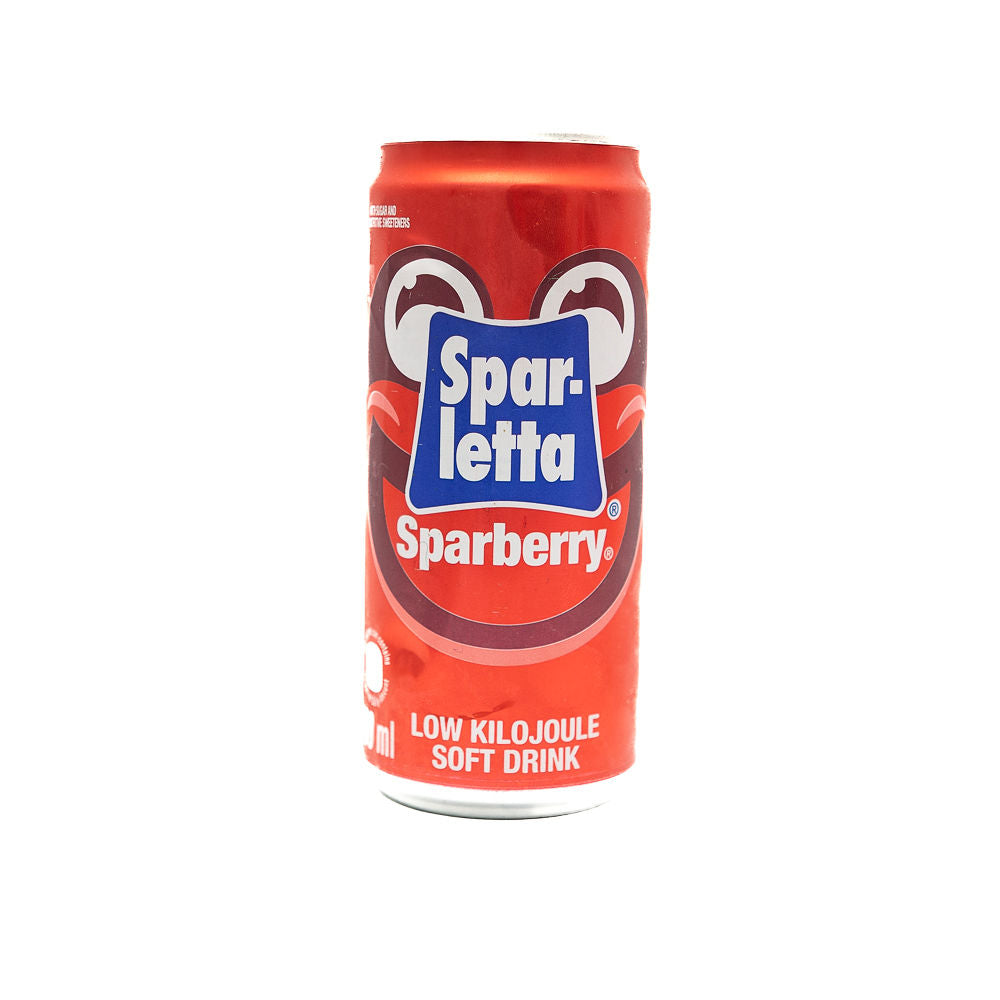 A 300ml can of Sparletta Sparberry, a raspberry flavoured sparkling fizzy cold drink from Biltong Direct