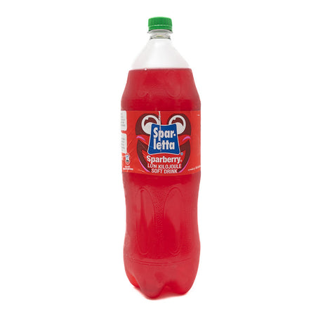 A 2-liter bottle of Sparberry from Biltong Direct sparkling fizzy cold drink with a green cap.