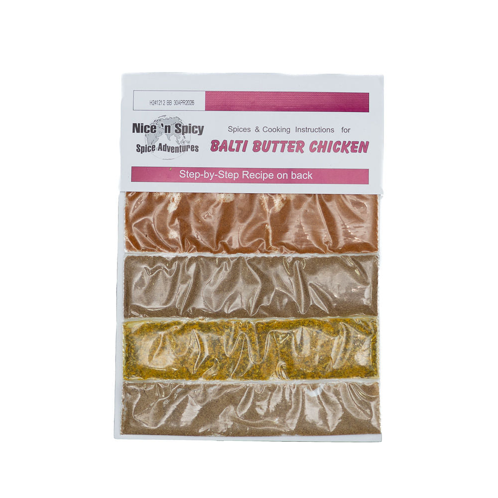 Packaging for Nice n Spicy Balti Buttered Chicken from Biltong Direct, showing the product in a resealable pouch with a pink and white label.