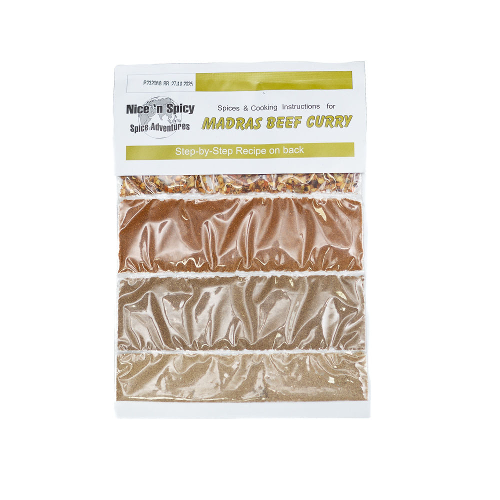 Packaging of Nice n Spicy Madras Beef Curry spice mix from Biltong Direct with visible spice sachets in brown and gold colors.