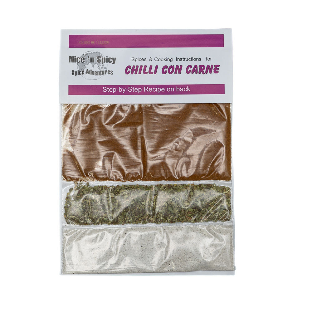 Packaging for Nice n Spicy Chilli Con Carne seasoning from Biltong Direct, showing the product in a clear plastic pouch with a label and instructions.