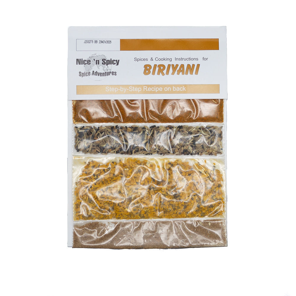 Packaging of Nice n Spicy Biriyani spice mix from Biltong Direct showing the product name, weight, and a brief description.