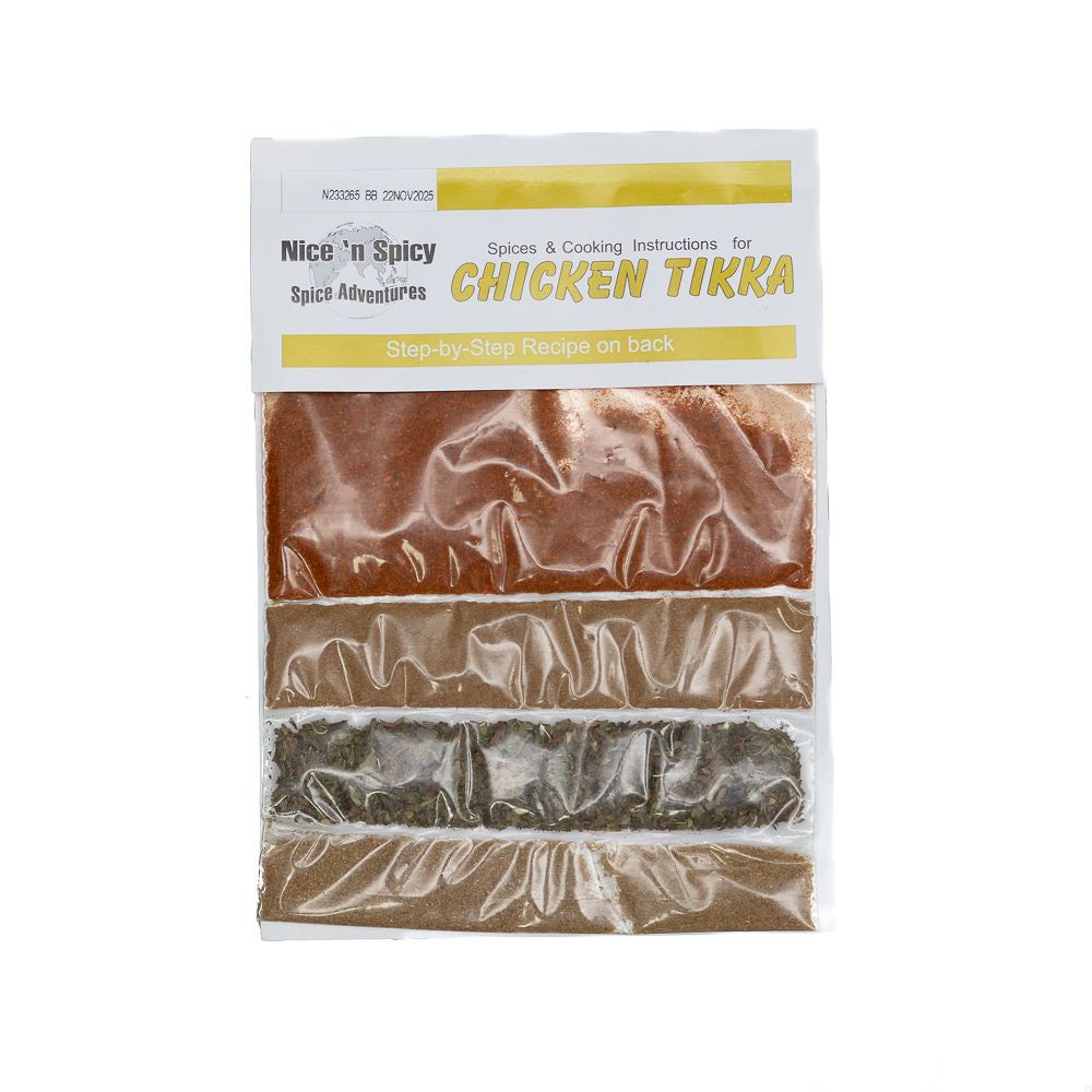 Packaging of Nice n Spicy Chicken Tikka mix from Biltong Direct, showing the product name, weight, and a step-by-step recipe on the back.