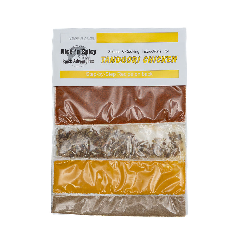 Packaging of Nice n Spicy Tandoori Chicken seasoning mix from Biltong Direct, showing a clear window revealing the brown spice mix, with yellow and white label featuring product details.
