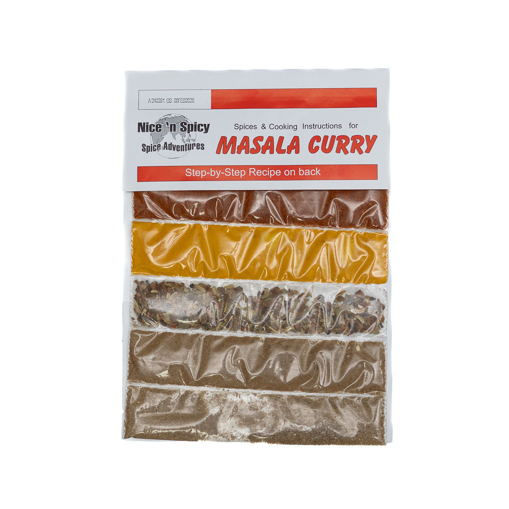 Packaging of Nice n Spicy Masala Curry Curry spice mix from Biltong Direct with visible spice sachets in brown and gold colors.