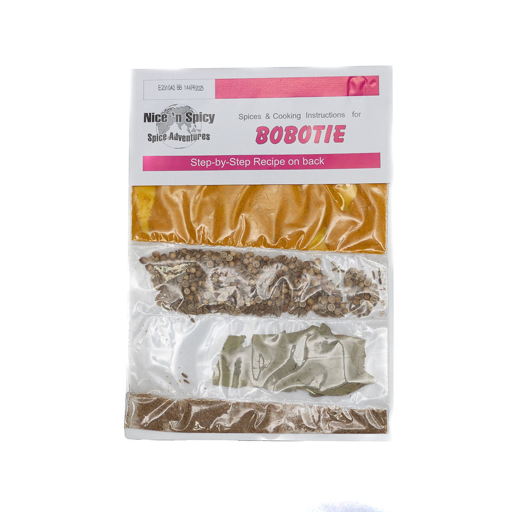Packaging of Nice n Spicy Bobotie seasoning mix from Biltong Direct, displaying the product through a clear plastic window, with pink and yellow labeling.