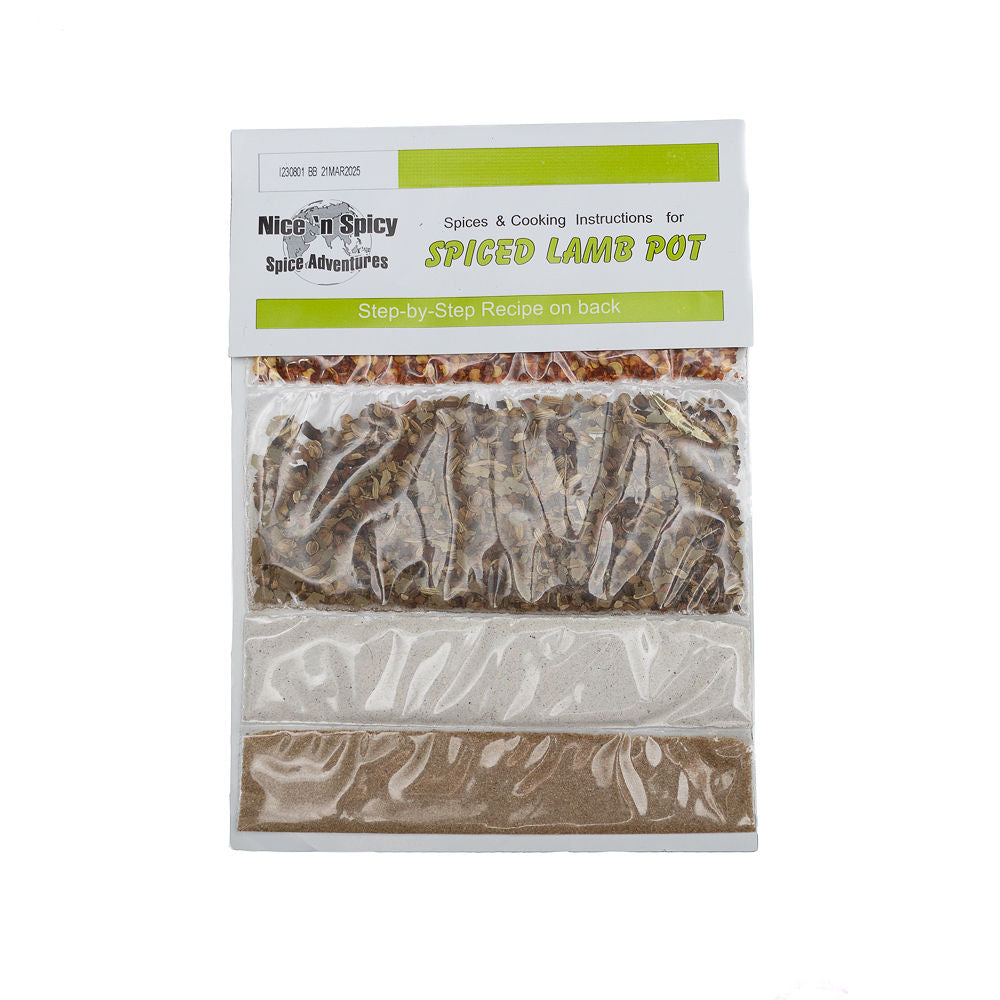 Packaging of Nice n Spicy Spiced Lamb Pot 20g from Biltong Direct, displaying the product name, weight, and additional spices through transparent windows.