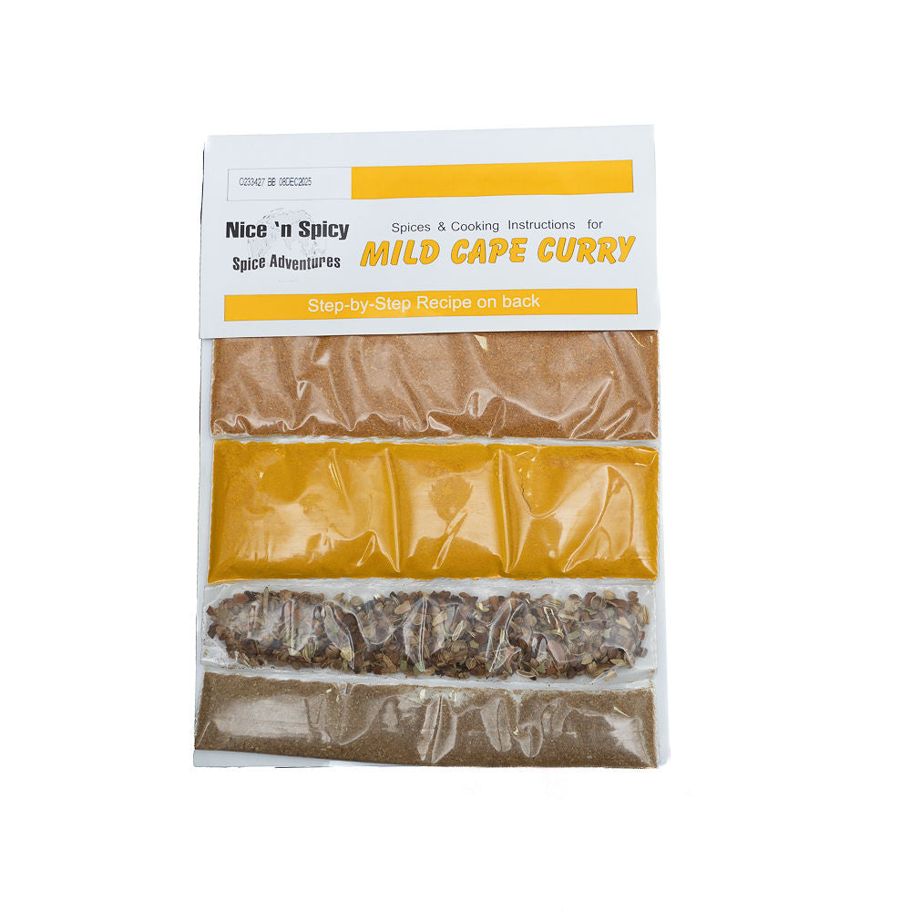 Packaging for Nice n Spicy Mild Cape Curry from Biltong Direct, showing the product in a clear plastic pouch with yellow and orange spice blends.