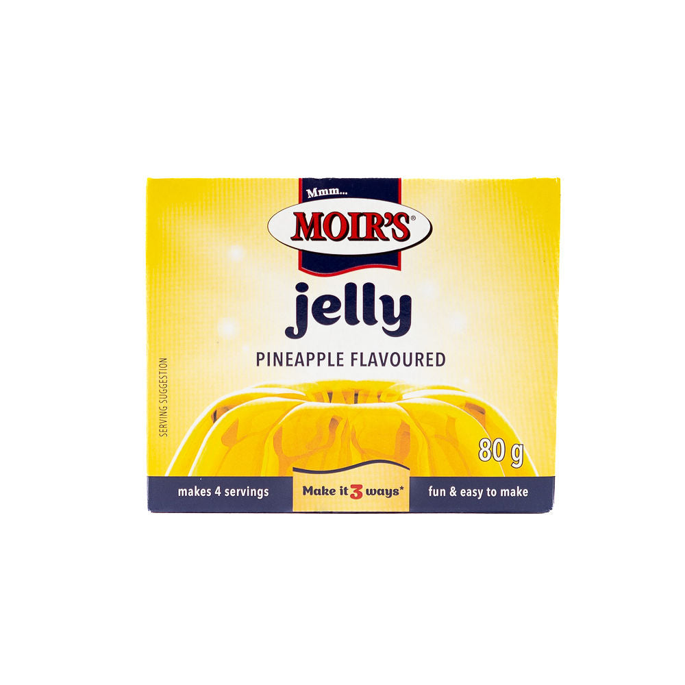Packaging of Moir's Pineapple Flavoured Jelly from Biltong Direct, showing the brand logo, product name, weight, and descriptive text.