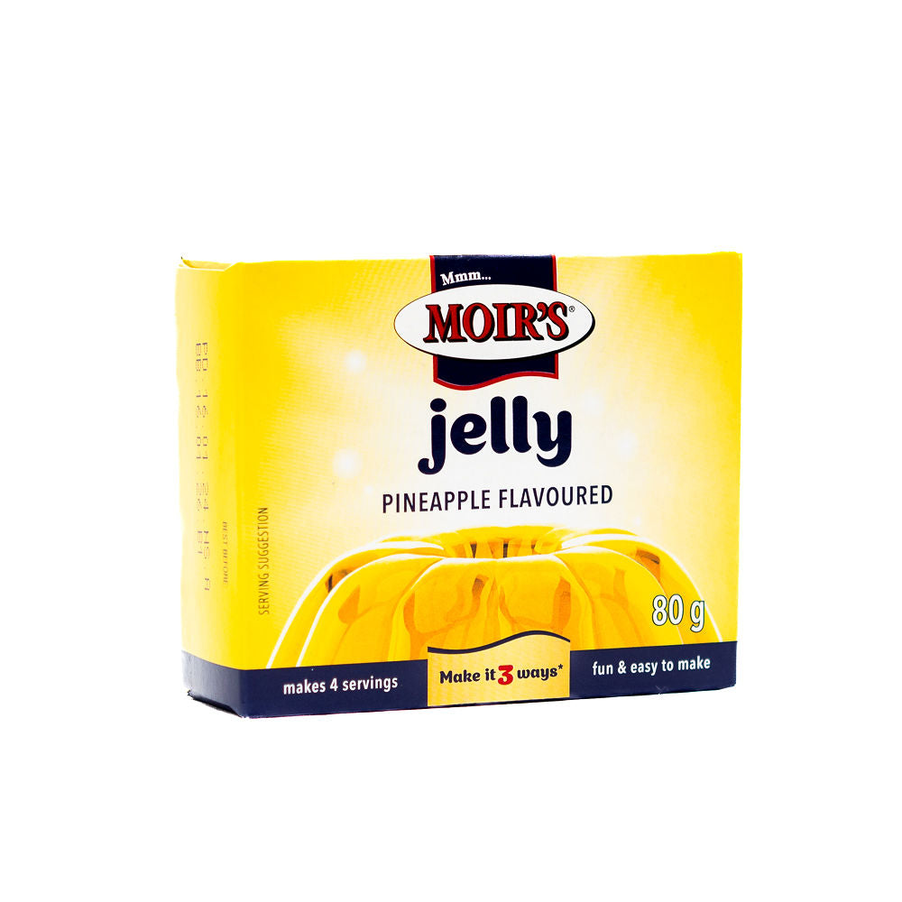 Packaging of Moir's Pineapple Flavoured Jelly from Biltong Direct, showing the brand logo, product name, weight, and descriptive text.