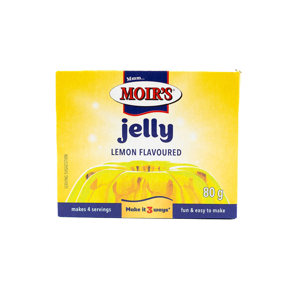 Packaging of Moir's Lemon Flavoured Jelly from Biltong Direct, showing the brand logo, product name, weight, and an image of lemon jelly.