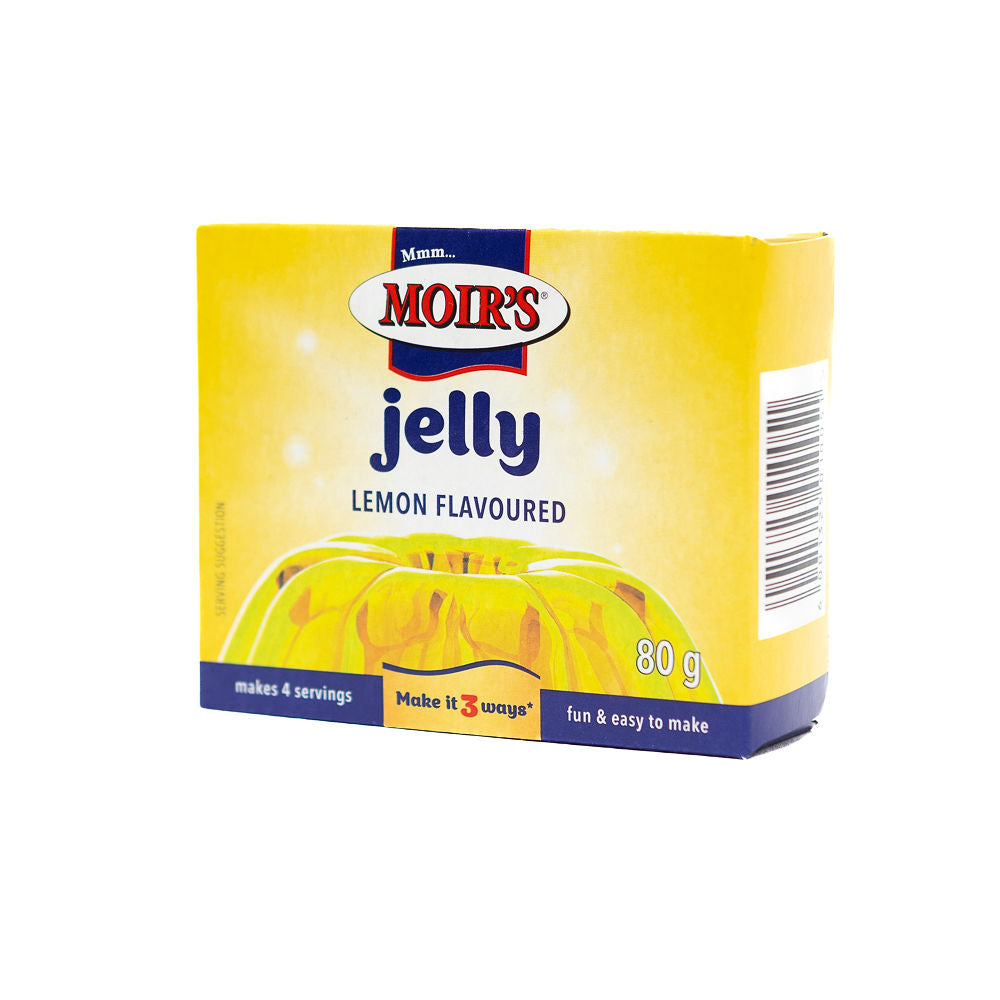 Packaging of Moir's Lemon Flavoured Jelly from Biltong Direct, showing the brand logo, product name, weight, and an image of lemon jelly.