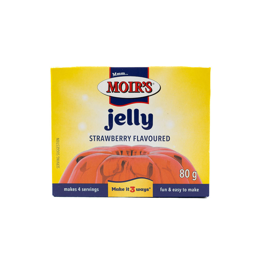 Packaging of Moirs Strawberry Jelly, showing the product name, flavour, weight of 80g from Biltong Direct, and preparation instructions for making four servings.
