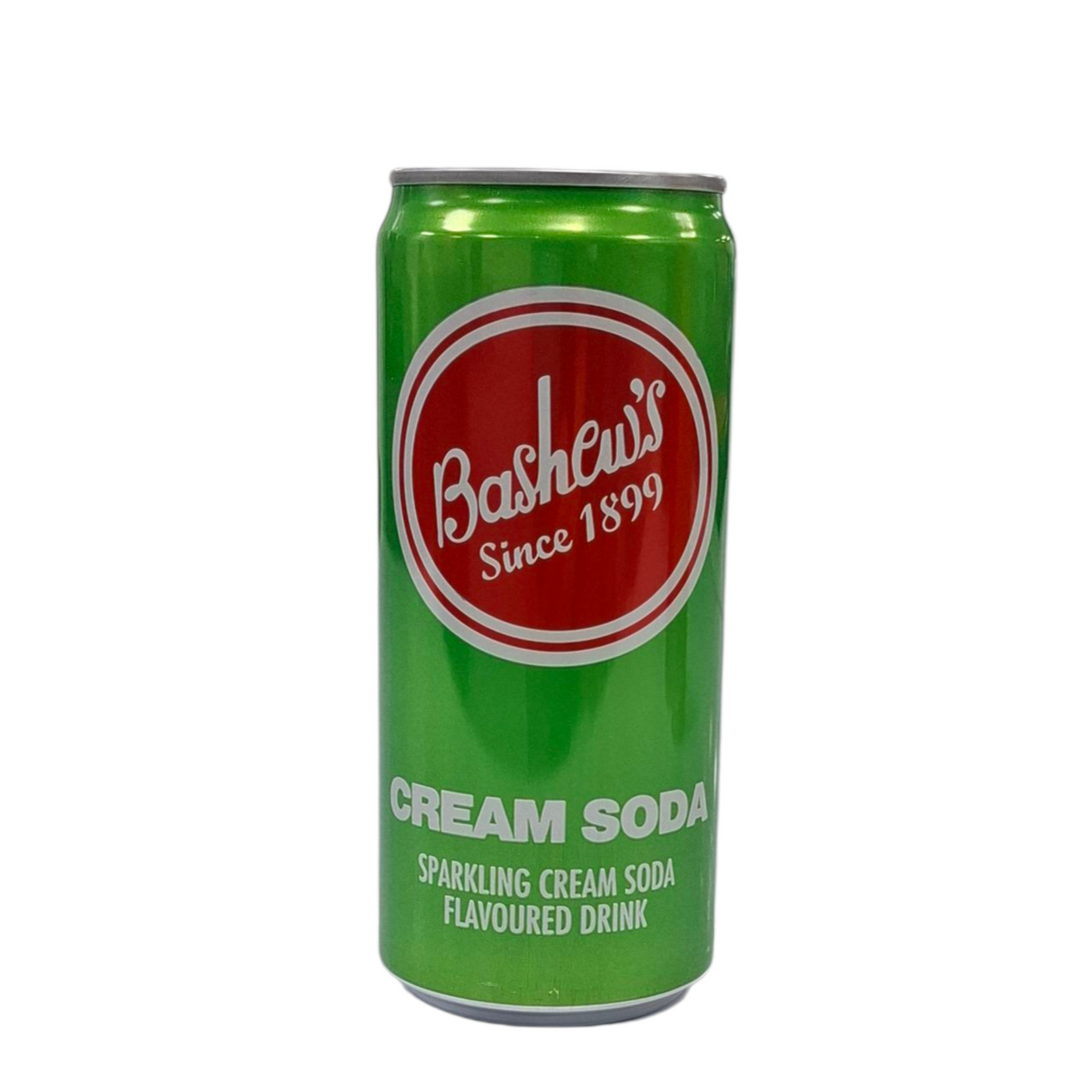 Green can of Bashew's Cream Soda with red logo on a white background  from Biltong Direct