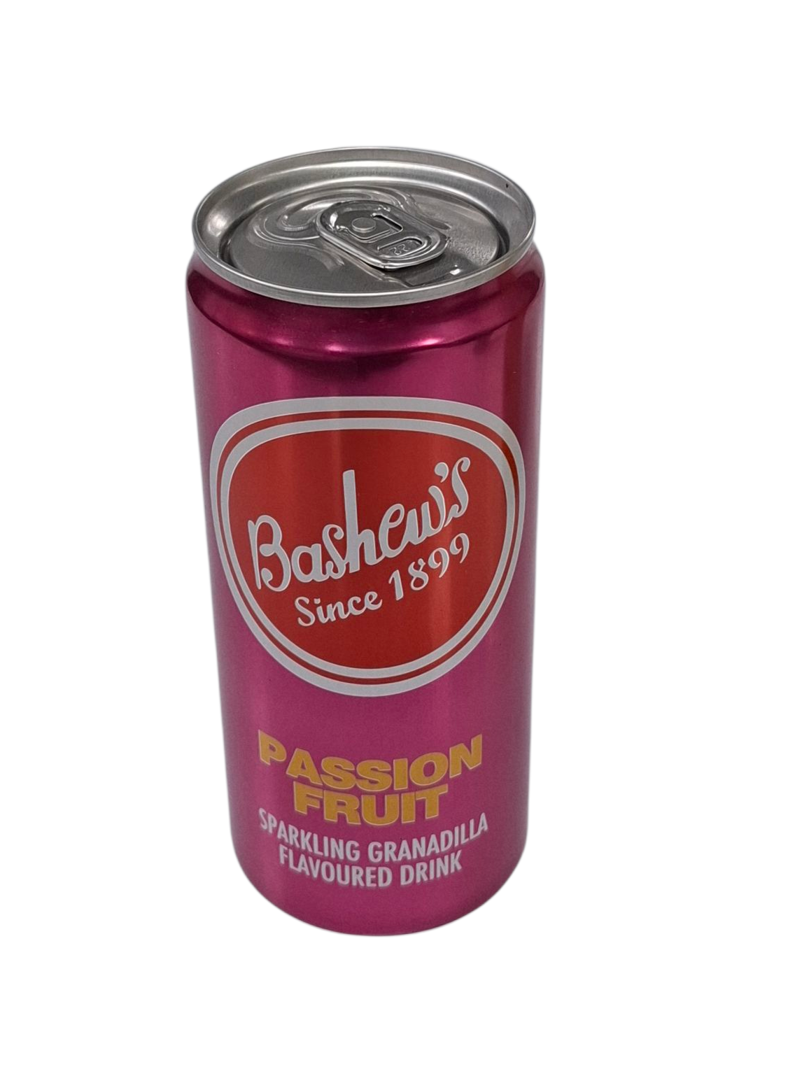 Pink can of Bashew's Passion Fruit sparkling granadilla flavored drink on a white background from Biltong Direct