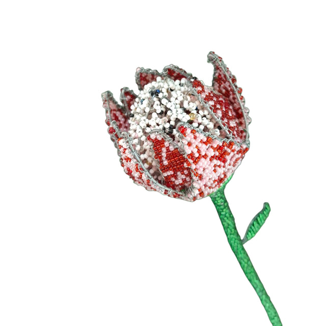 Decorative flower with red and silver petals on a white background