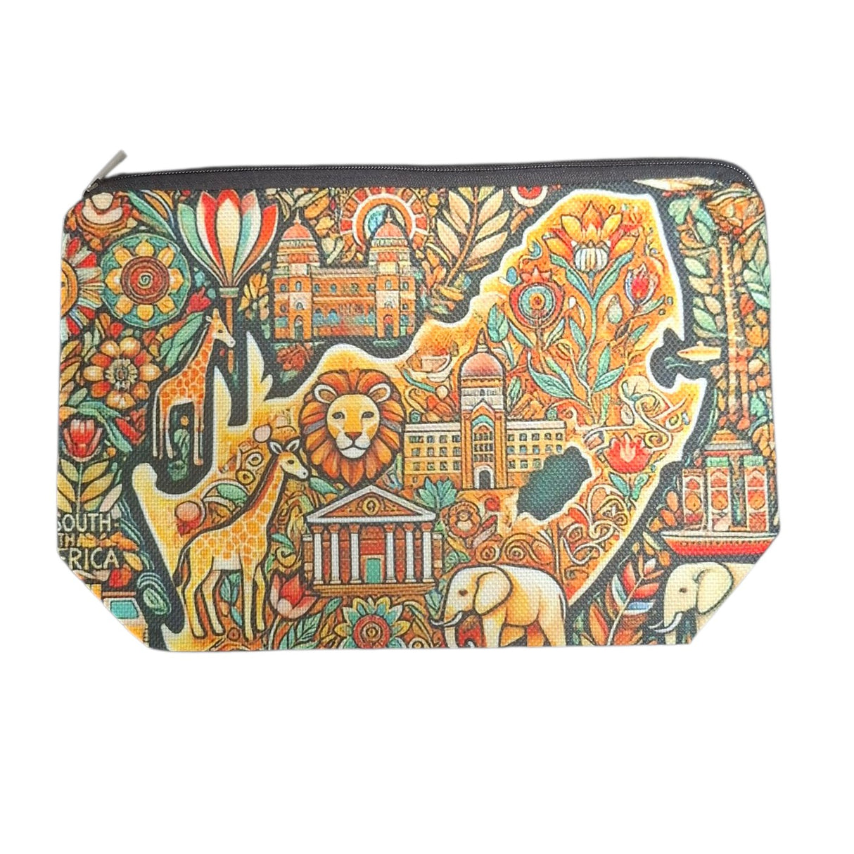 Colorful pouch with South African landmarks and animals on a white background