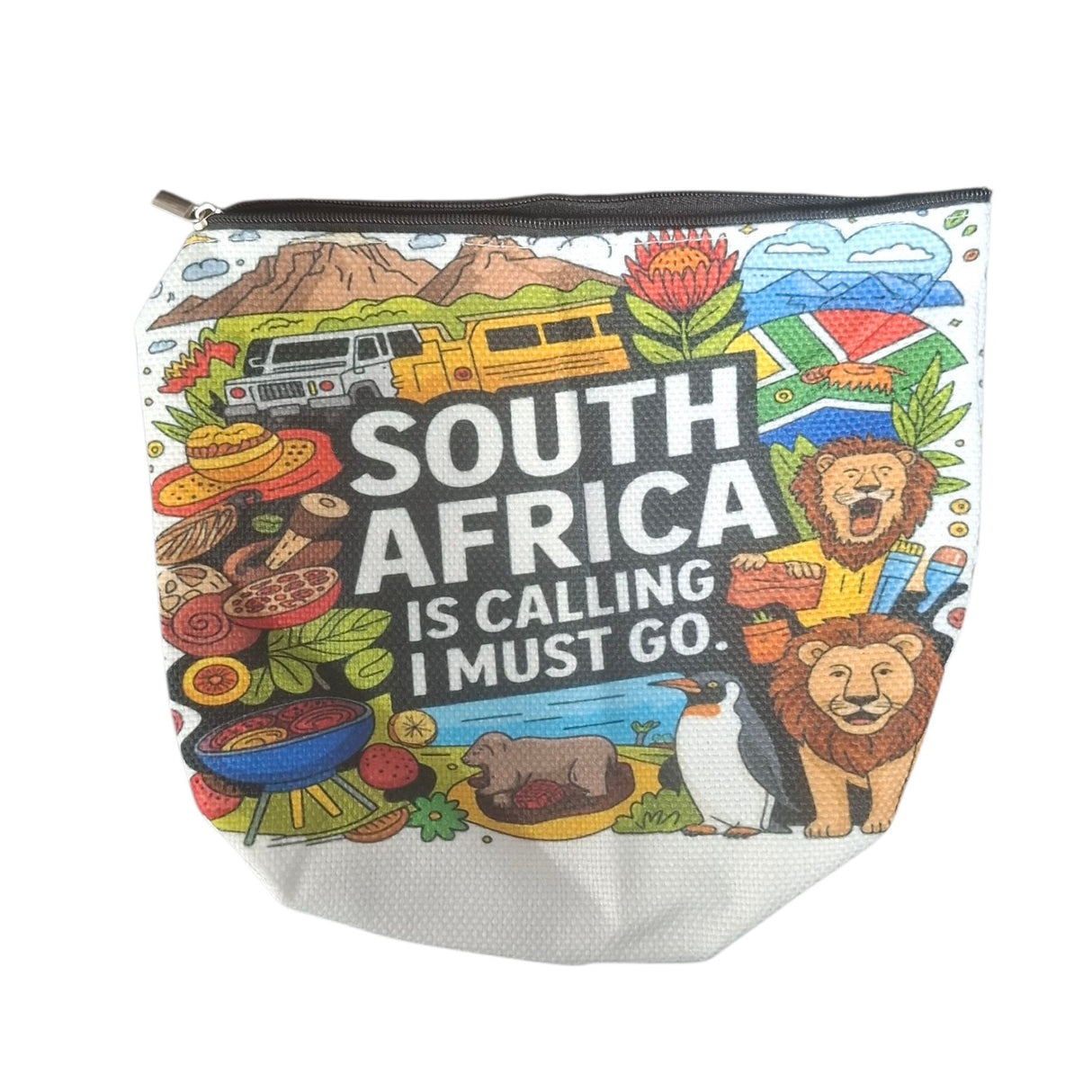 Pouch with South African-themed design and text on a white background