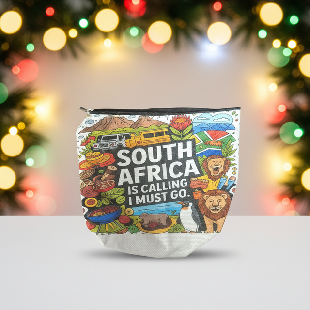 Colorful South Africa-themed pouch with travel graphics on a blurred festive background
