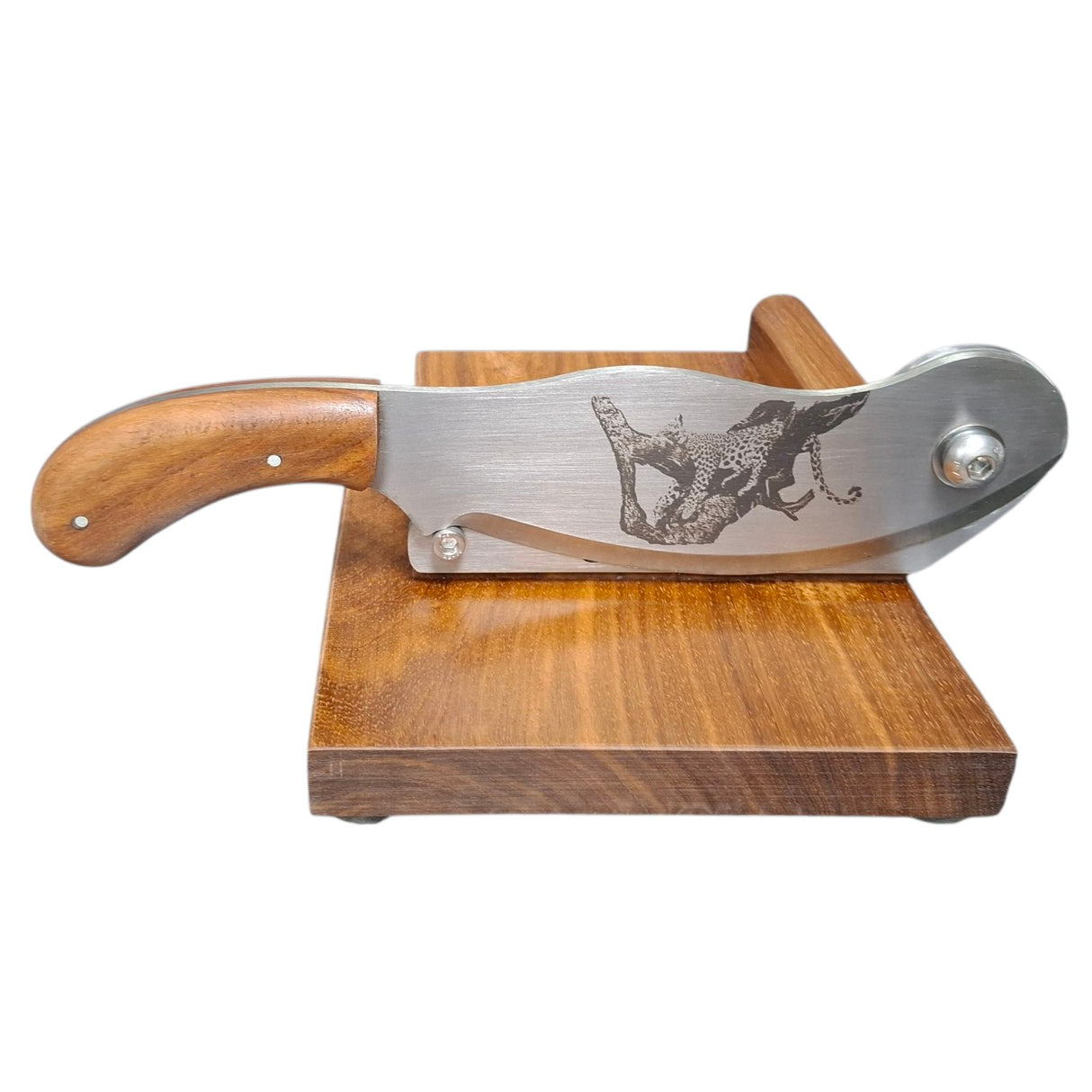 Wooden knife sharpener with a metal blade on a white background