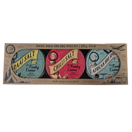 Travel braai and BBQ spice kit with three labeled containers on a cardboard backing.