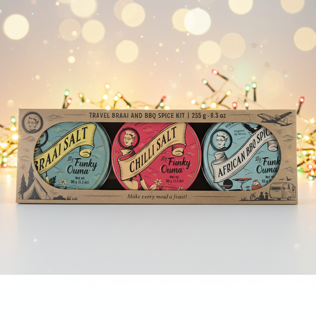 Spice kit packaging with colorful labels on a blurred festive background