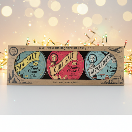 Spice kit packaging with colorful labels on a blurred festive background