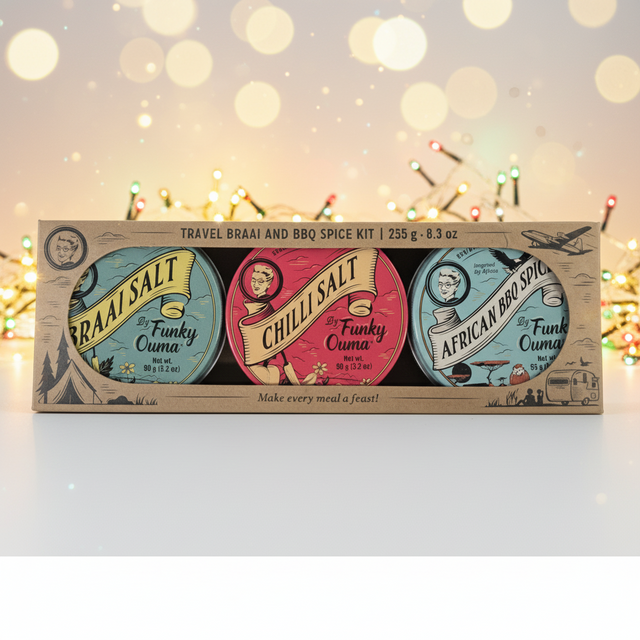 Spice kit packaging with colorful labels on a blurred festive background