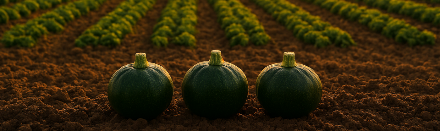 Three green gem squashes sold at Biltong direct in a field with rows of crops in the background