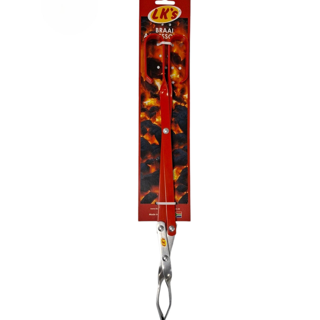 A pair of LK's branded braai tongs from Biltong Direct with a red handle , displayed against a packaging background with fire graphics.