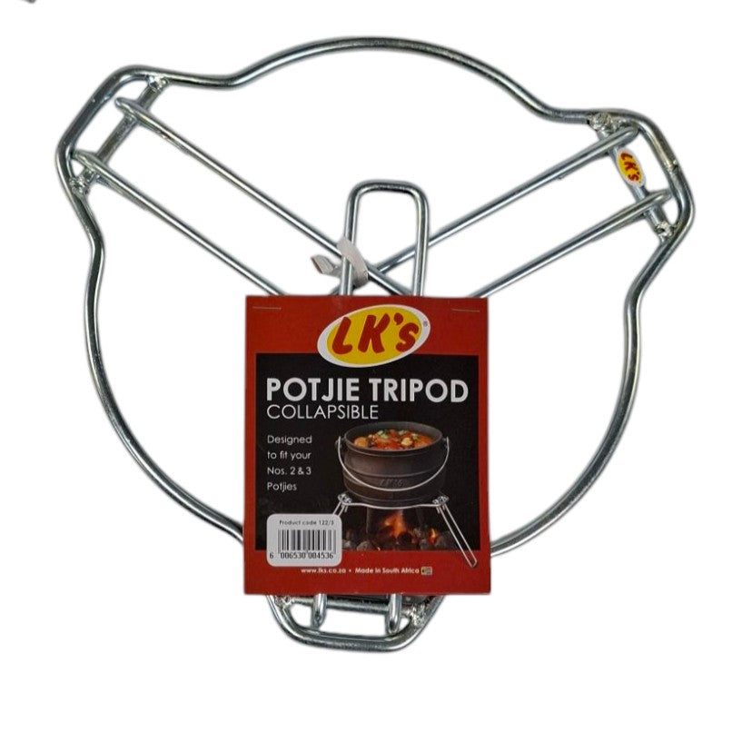 A collapsible metal tripod for potjies from Biltong Direct , with a product label showing the LK brand and usage information.