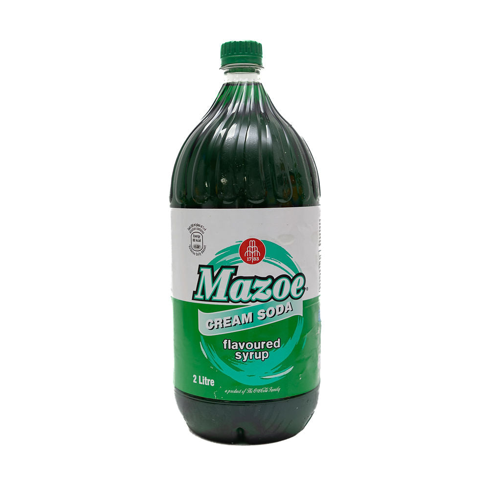 A 2-liter bottle of Mazoe cream soda from Biltong Direct flavoured syrup with a green label.