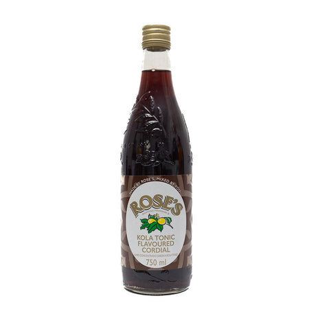 A bottle of Rose's Kola Tonic Flavoured Cordial from Biltong Direct with a label that includes the brand name and the product flavour.