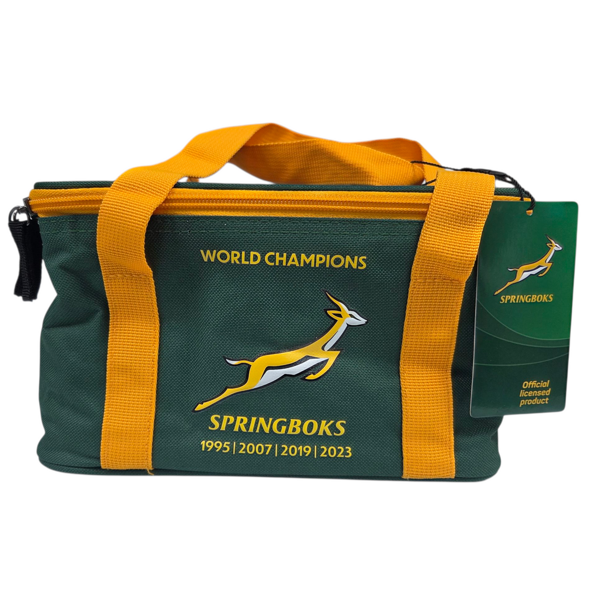 Green and yellow bag with 'World Champions' and 'Springboks' text on a white background