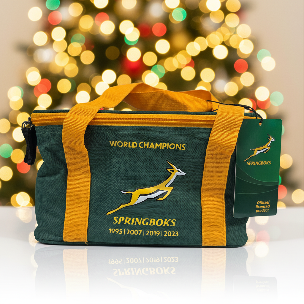 Green and yellow bag with 'World Champions' and 'Springboks' text against a blurred festive background