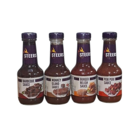 Four bottles of Steers sauce on a white background