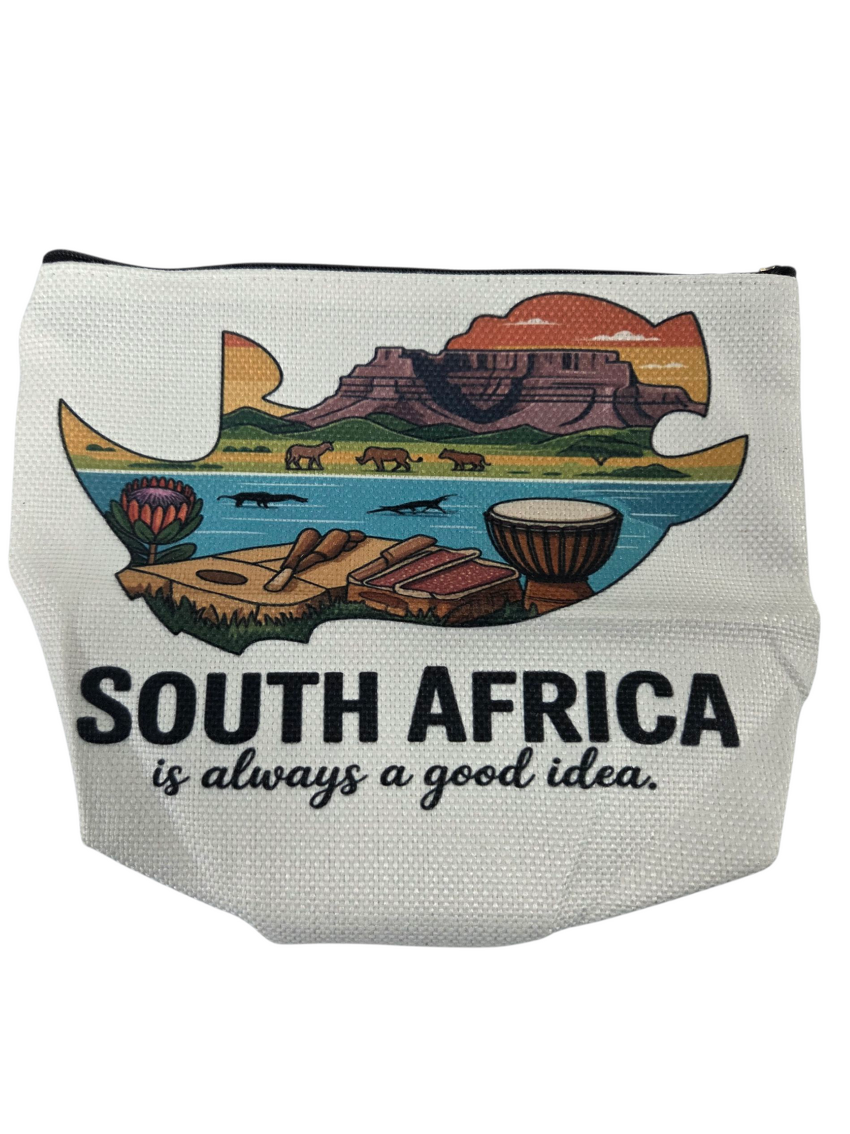 White pouch with South African-themed design and text on a white background