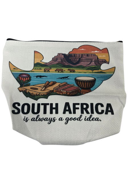 White pouch with South African-themed design and text on a white background