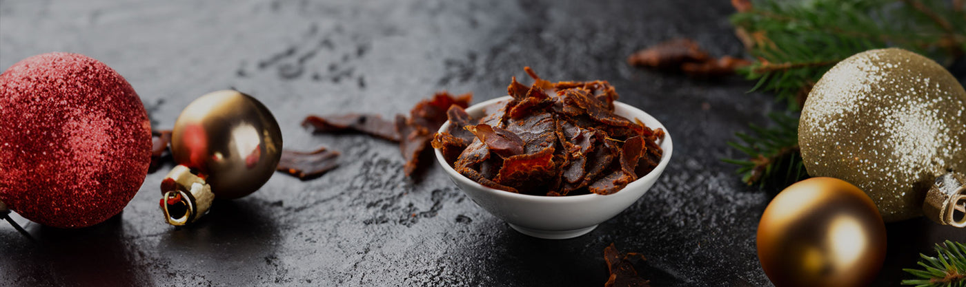 Christmas based theme with a bowl of Biltong from Biltong Direct